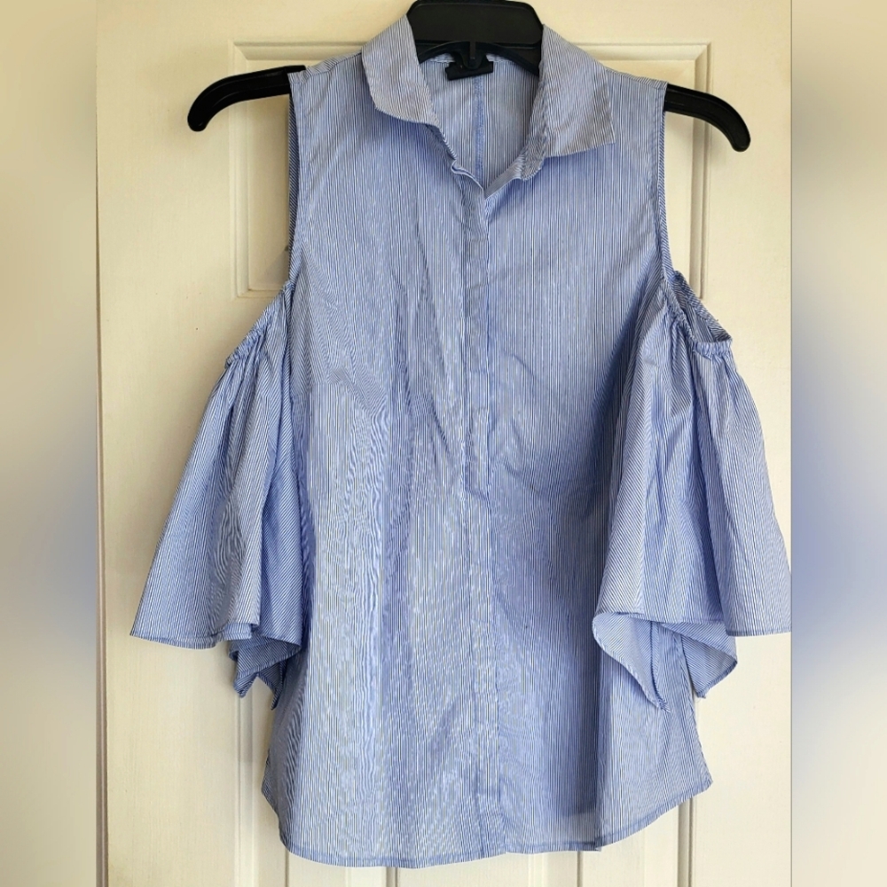 Worthington Pin Stripe Cold Shoulder Blue Blouse